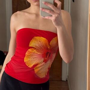 Zara Red Strapless Top with Orange Floral Accent